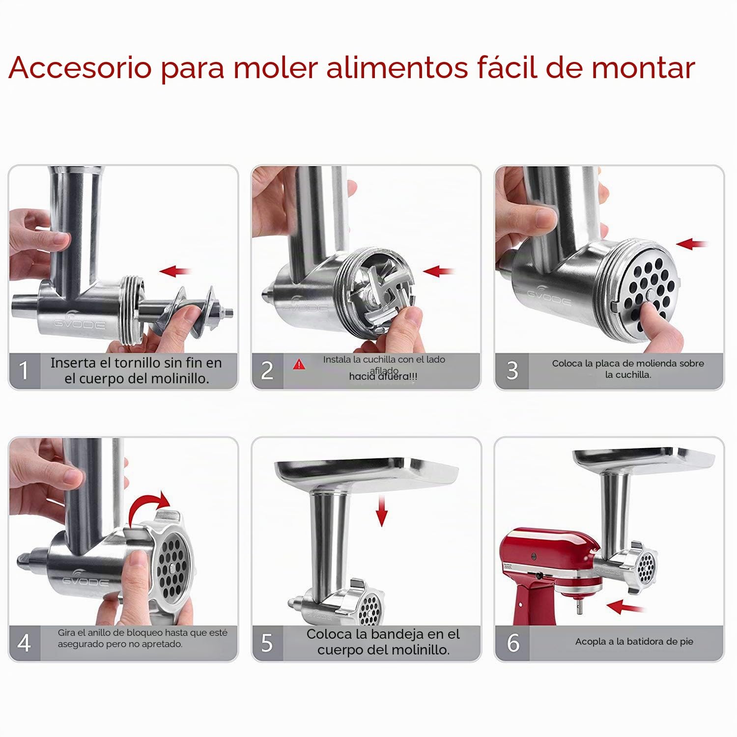 GVODE Accesorio picadora de carne para Kitchenaid robot de cocina, incluye 3 cuernos para rellenar salchichas,Accesorios picadora de carne para KitchenAid