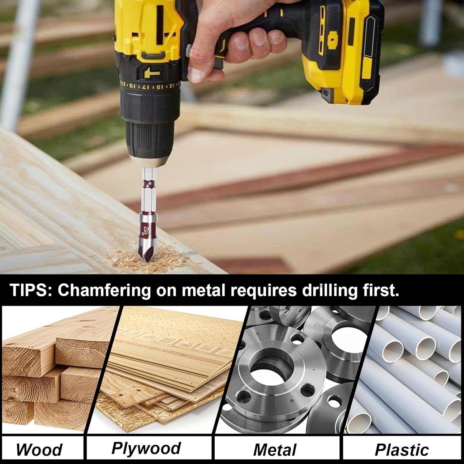 Auniwaig 5Pcs Countersink Drill Bit Set, Premium HSS Drill Bit with 82-Degree, 5 Flutes 1/4" Quick-Change Hex Shank, 1/4", 3/8", 1/2", 5/8", 3/4" Size Counter Sink Drill Bitsfor Wood, Metal, Plastic