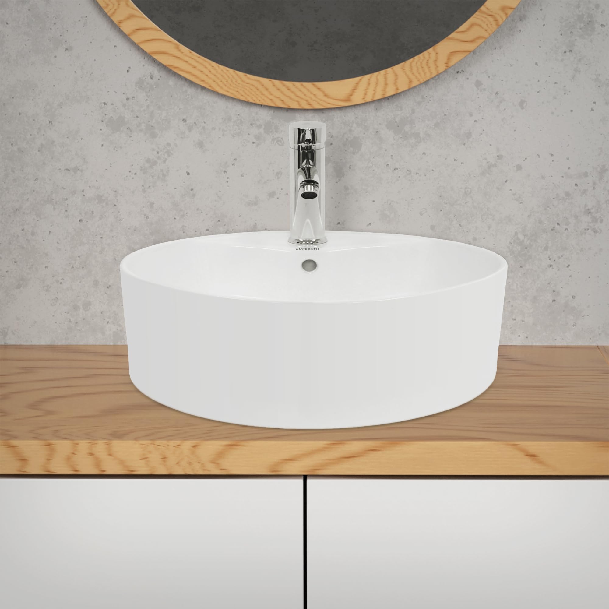 LuxeBath Lavabo da Appoggio - 460 x 460 x 155 mm - Ceramica - Rotondo - Finitura Bianco Lucido - Lavandino Design Moderno Bacinella Lavamani Lavello Sanitari Bagno senza Valvola di Scarico Piletta