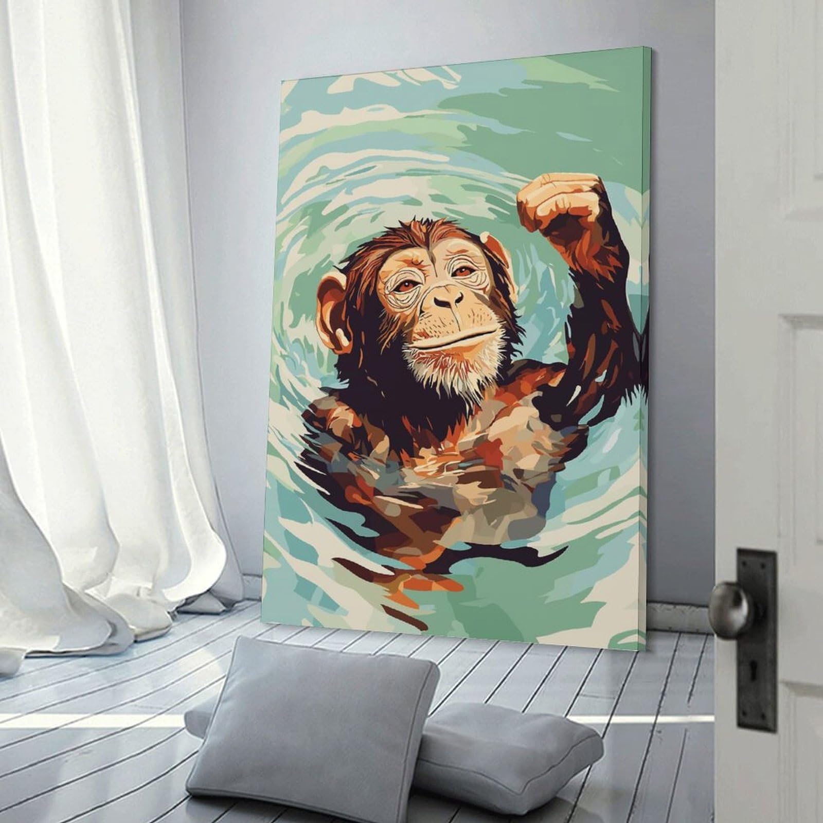 Junmoney Monkey Swimming in Water Digital Art Room Decor Wall Art 12x18inch(30x45cm), for Art Walls, Layered Displays Or Homes, Wall Decor Suited to Curated Displays
