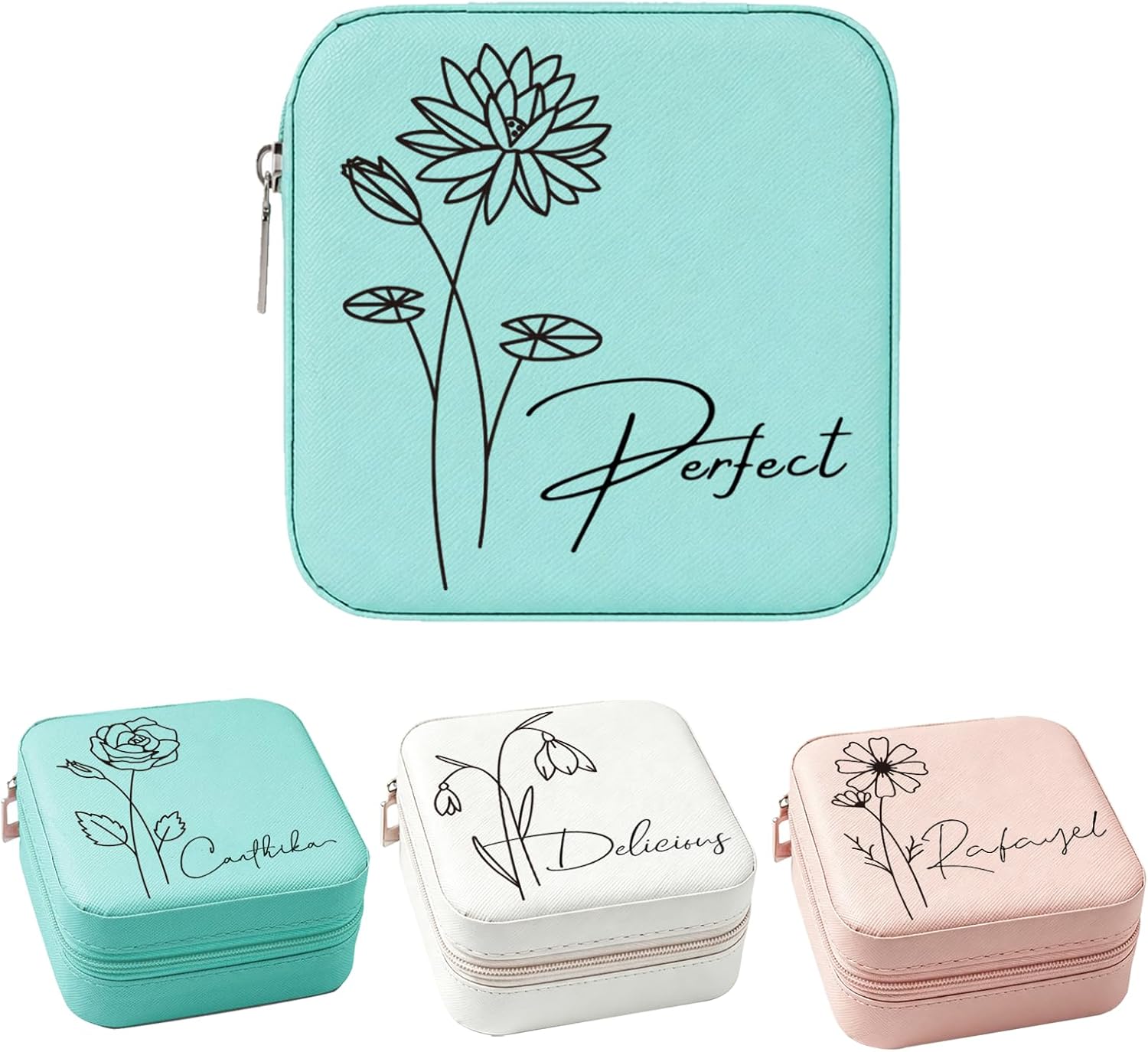 Personalized Jewelry Box for Women with Name & Birth Flower, Custom Leather Travel Jewelry Organizer Case for Rings Earrings Necklace