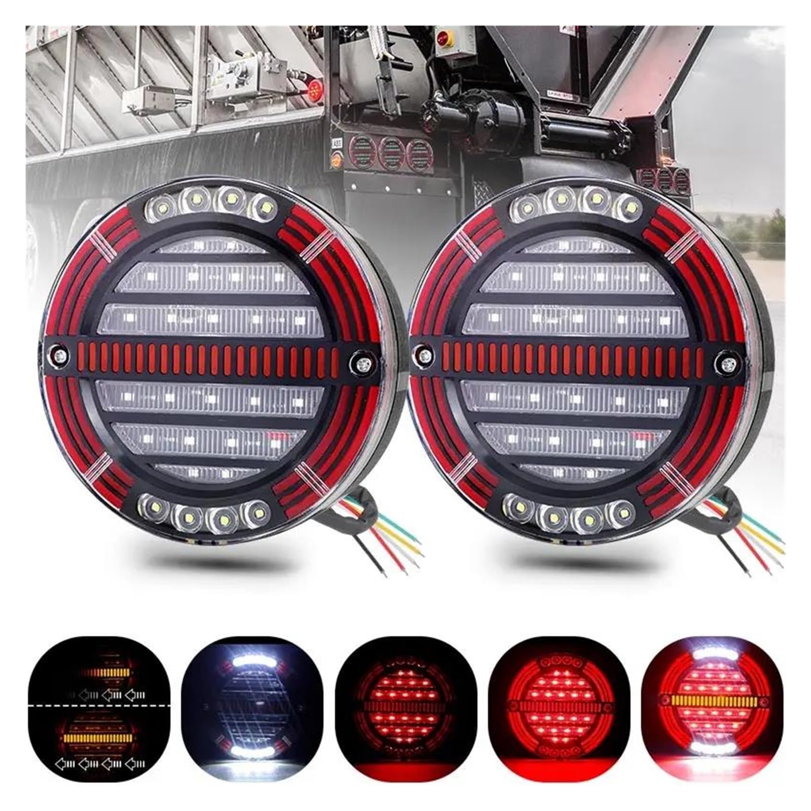 Luz Matrícula Luz Trasera LED Redonda 5,5 Pulgadas Freno secuencial Giro y Marcha atrás para Coches Camiones remolques Tractores Furgonetas 12 V y 24 V. Reemplazo Luces Traseras