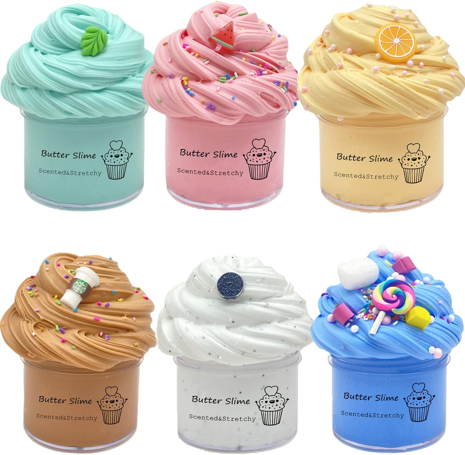 YMDY Butter Slime Kit 6 Pack Pre-Made Party Favors With Oreo, Candy, Watermelon, Coffee, Lemon and Mint Slime - Super Soft and Non-Sticky Gifts for Kids Girls Boys