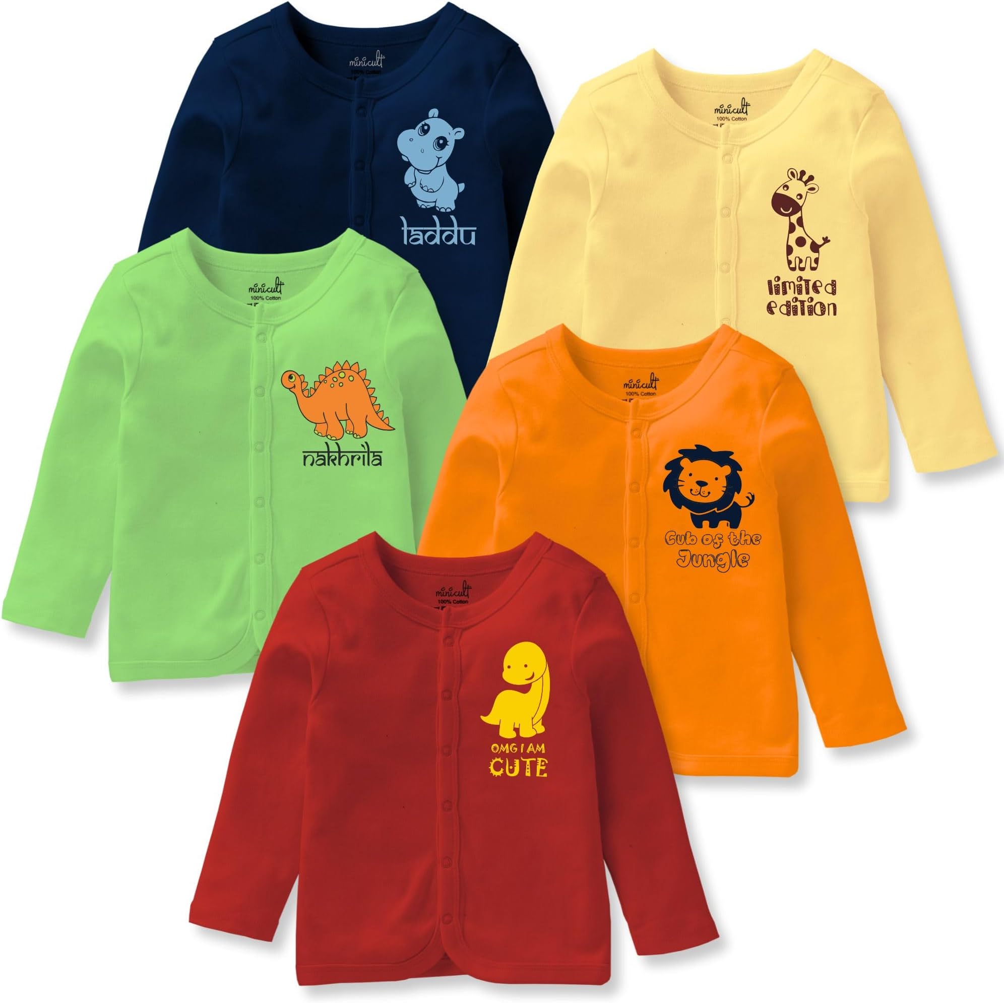 minicult Cotton Unisex Front Open Full Sleeve T-Shirt with snap Buttons and Cute Prints Combo Pack