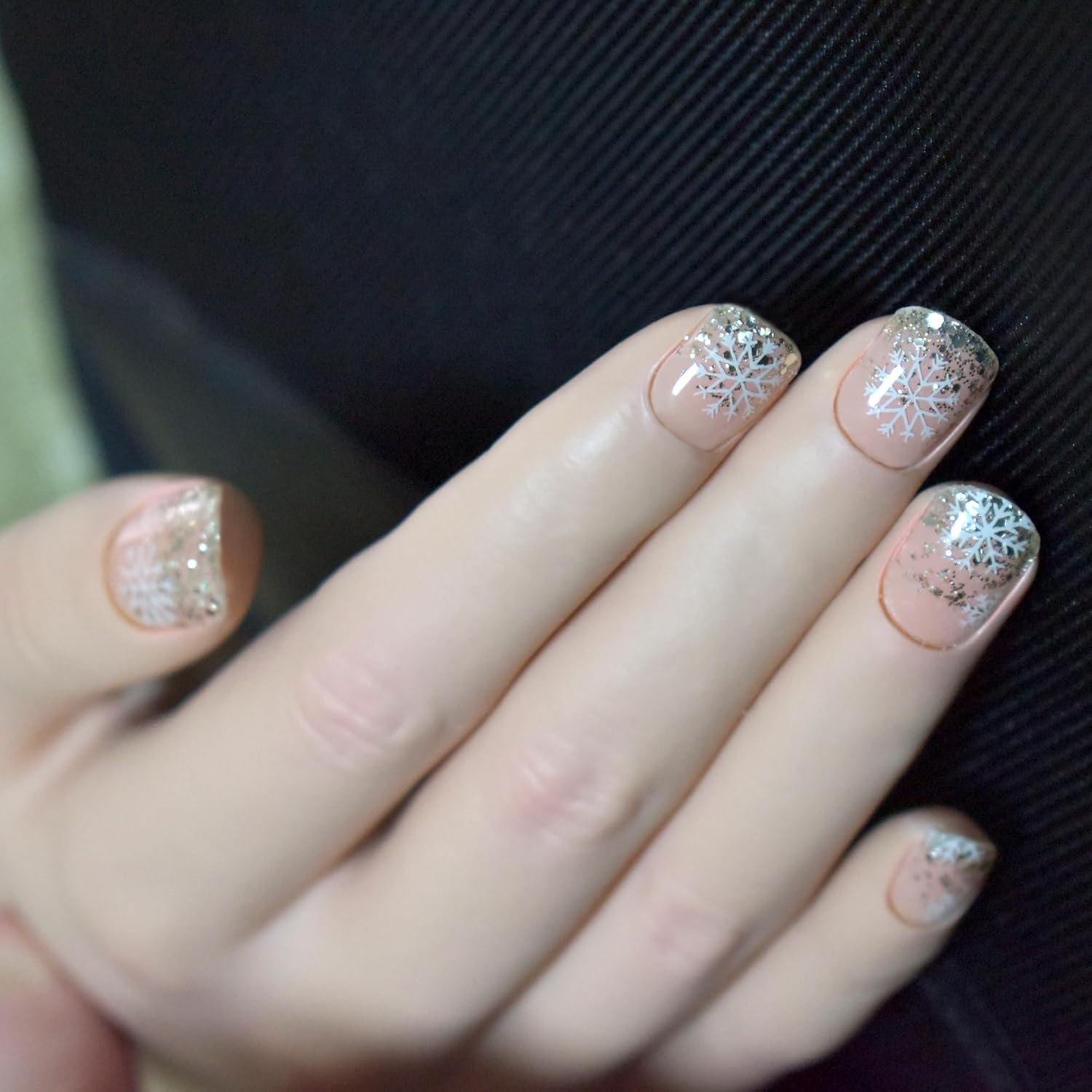 Snowflakes Semi Cured Gel Nail Strips Christmas Nail Stickers Clear with Glitter Gold Sequins Manicure Wraps