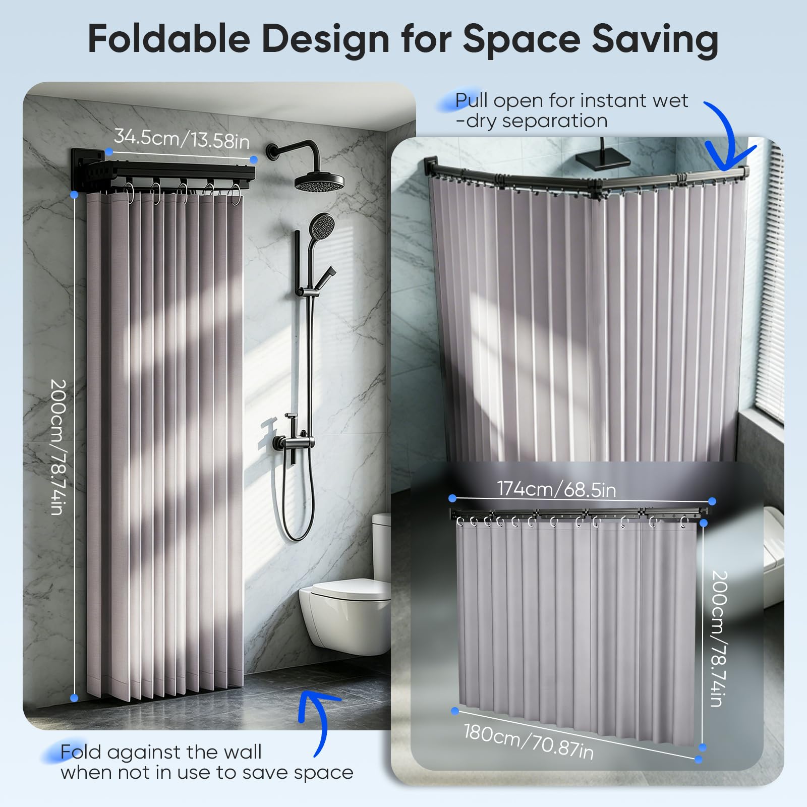 Tringle à rideau de douche pliable sans perçage - 1,8 m x 2 m - Avec tringle - Imperméable - Pliable 4/5 voies (Tringle à rideau de douche noire - Rideau de douche gris)