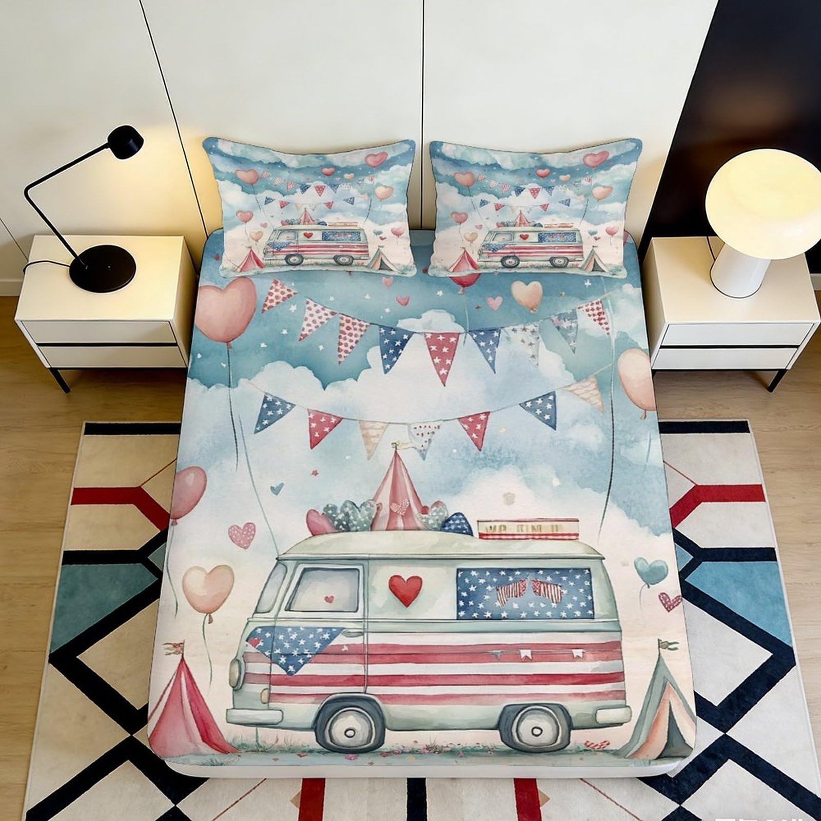 3D Printed Camper Van Fitted Sheet Microfiber Deep Pocket Bedroom Bedding Camper Van Mattress Fitted Cover Elastic Hem Washable 140x200x25cm