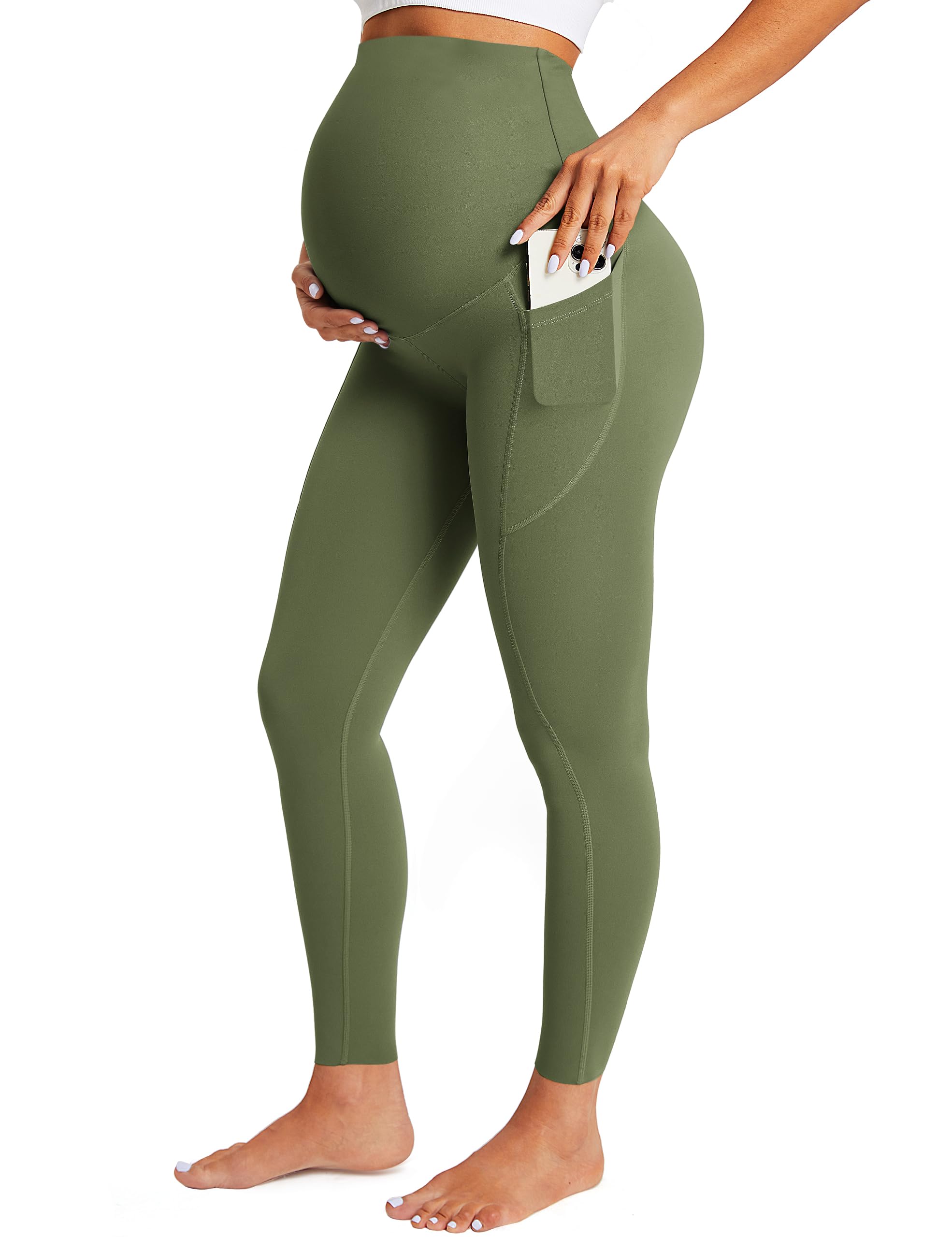 BAYDI Maternity Leggings Over Bump with Pockets Workout Belly Support Stretchy Soft Pregnancy Pants Activewear Pajama Olive