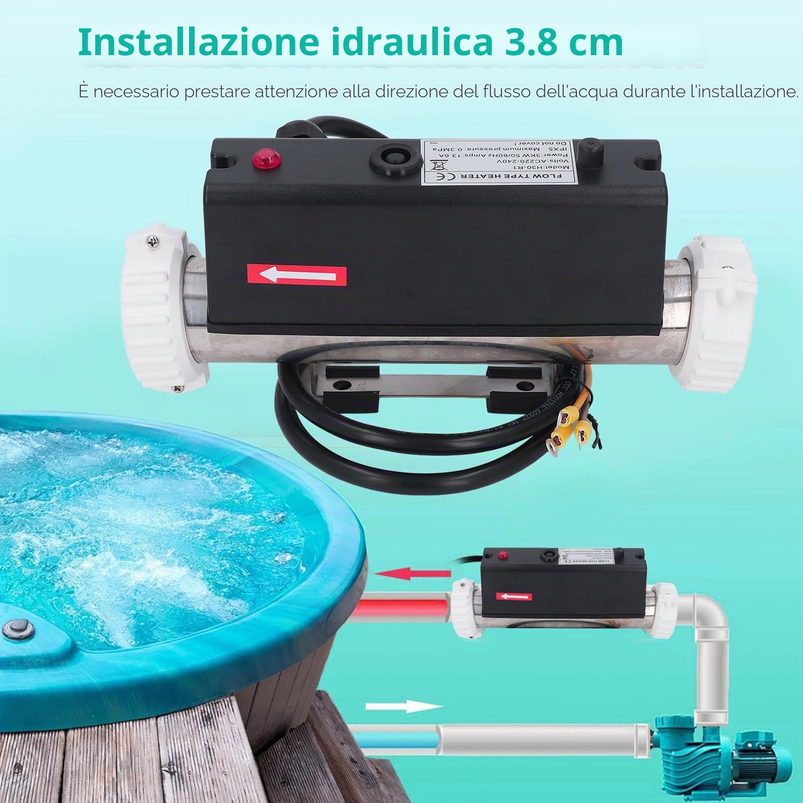 Riscaldatore per Piscina da 3000 W, Termostato Elettrico per L'acqua con Controllo della Temperatura, Riscaldamento Autonomo per Vasca Idromassaggio, Piscina, Cablato, con