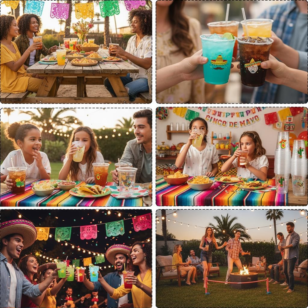 100 Pcs Mexican Fiesta Cups, 12 oz Fiesta Plastic Cups Clear Disposable Party Drinkware Decorations for Taco Birthday Party Supplies, 4 Styles