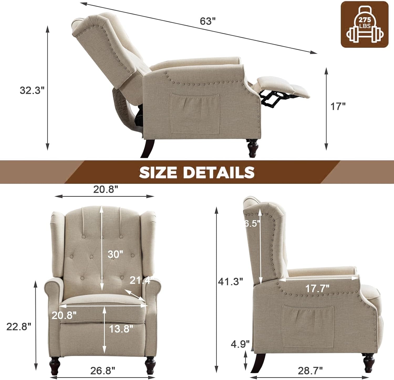 Push Back Recliner Mid-Century Modern Accent Chair Reading Chair Tufted Fabric Arm Chair for Living Room w/Heat Massage/Side Pockets Easy to Assemble(1 PC, Beige)