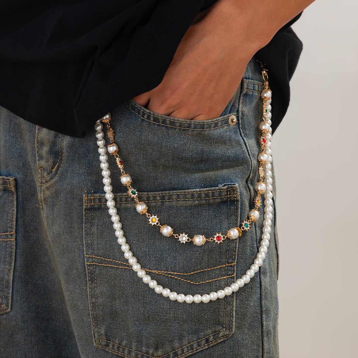Layered Pants Chain for Men Women Wallet Chain Fashion Street Jeans Chains Exquisite Rhinestone Flower Pearl Pants Chains for Women Punk Jewelry