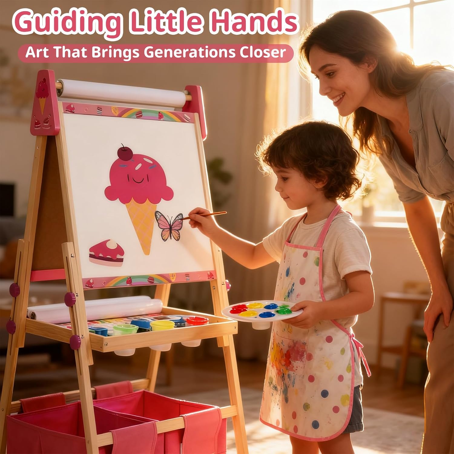 Art Easel for Kids, Kids Art Easel with 3 Paper Roll, Magnetic Whiteboard and Chalkboard,Adjustable Standing Wooden Toddler Easel for Painting Double Sided,3in1 Painting Easel for 2-4 4-8 Pink