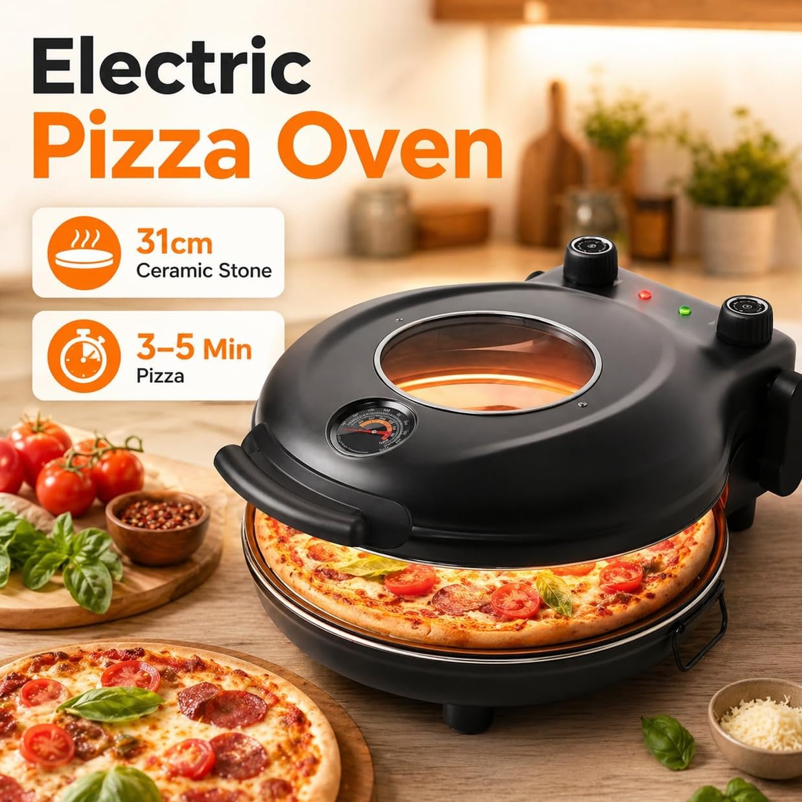 Forno per Pizza Elettrico con Pietra in Ceramica Antiaderente da 31CM