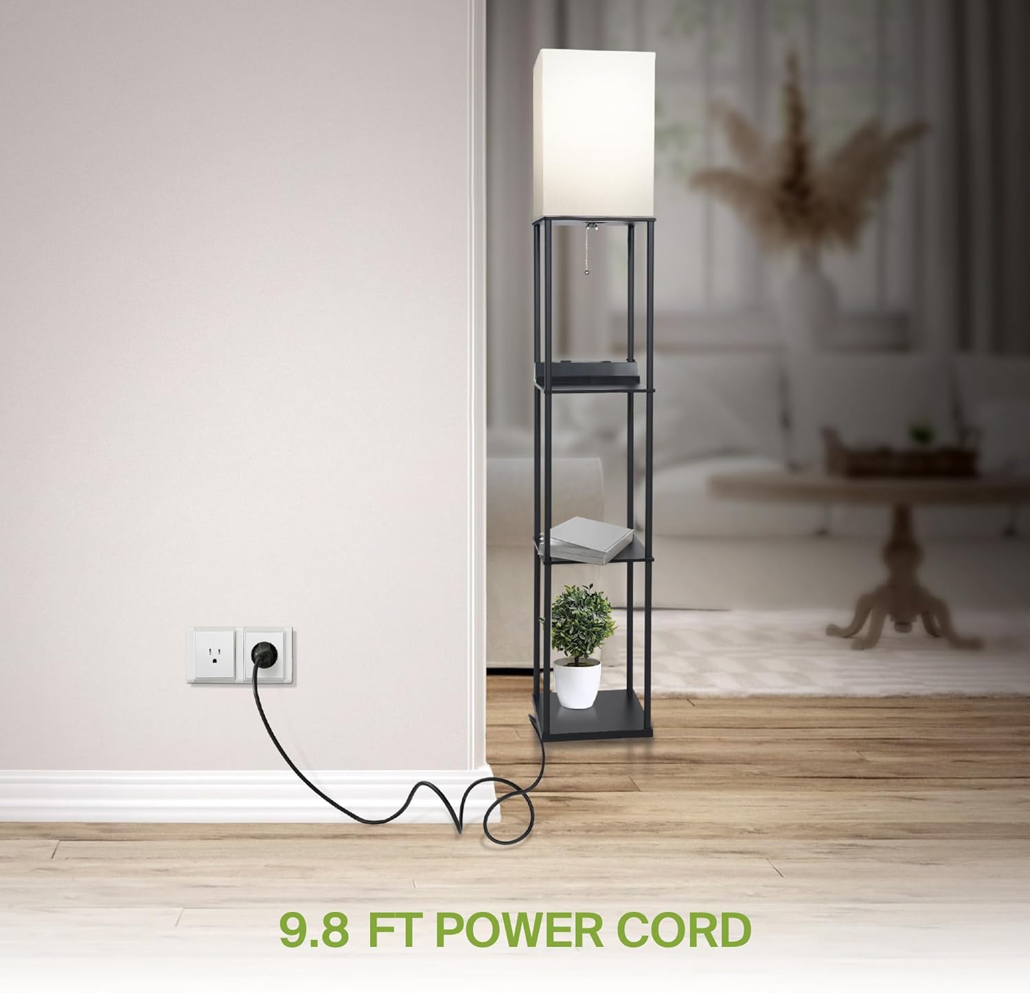 ASD Floor Lamp with Shelves & Charging Station, Tall Bookshelf Floor Lamp with LED Bulb, USB-A, Type-C, AC Outlet, 3 Color Temperatures, Corner Display Shelf Lamp for Living Room Bedroom Office, Black