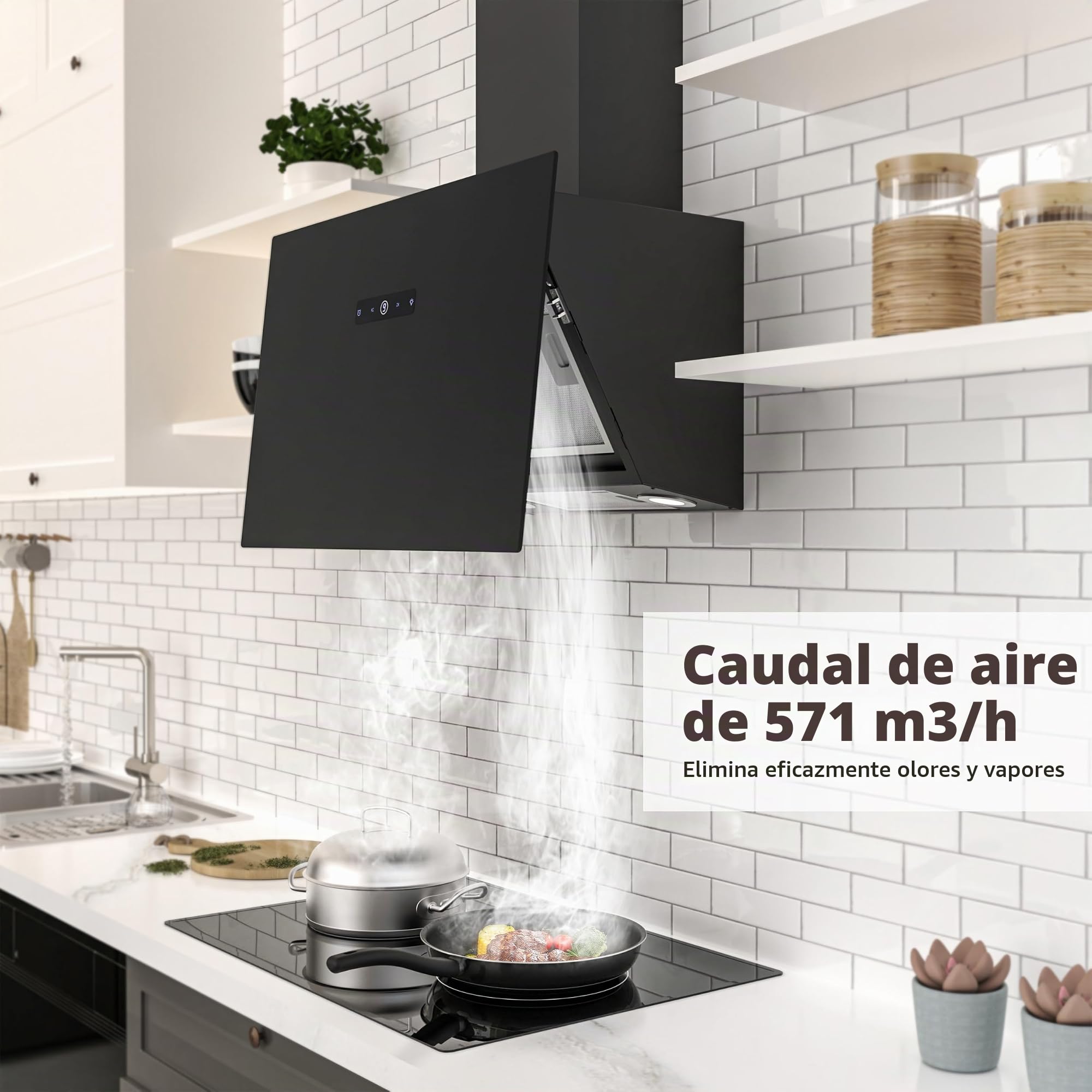 FIREGAS Campana extractora 60 cm, Con motor sin escobillas, Recirculante y Extracción, 571m³/h, 9 Potencias, Táctil, Iluminación LED, Con resorte de gas, Extractor inclinado, Cristal negro