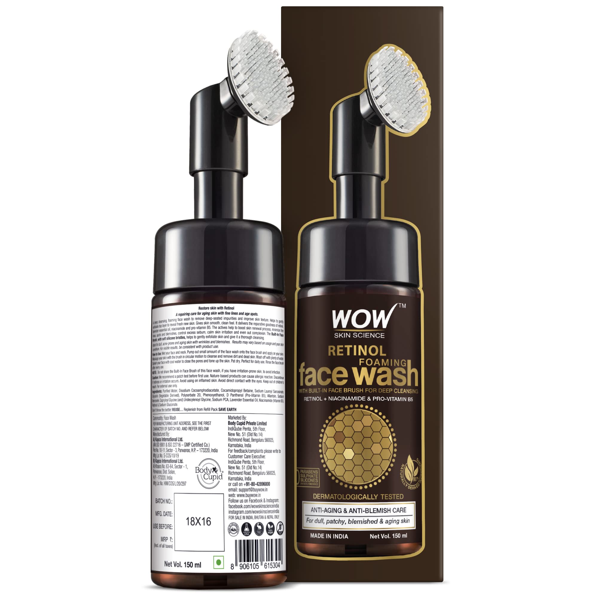 WOW Skin Science Retinol Yüz Temizleme Köpüğü ve Dahili Fırça-İnce Çizgiler, Lekeler Bakım Yüzde Doksan Sekiz, Bir Doğal İçerik Vegan 150ml