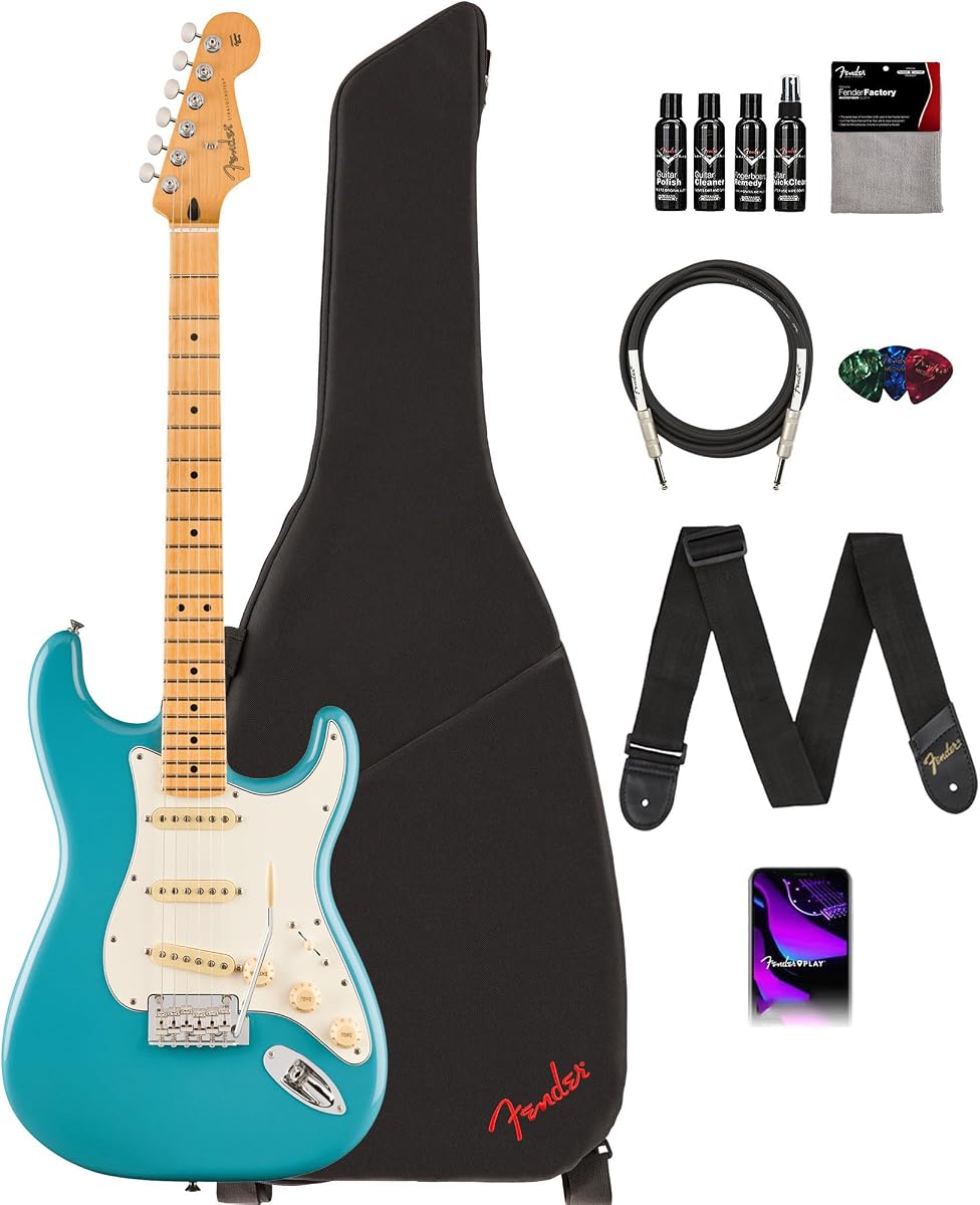 Fender Player II Stratocaster - Aquatone Blue Bundle with Gig Bag, Strap, Cable, 3-Pack Picks and Guitar Cleaning Kit