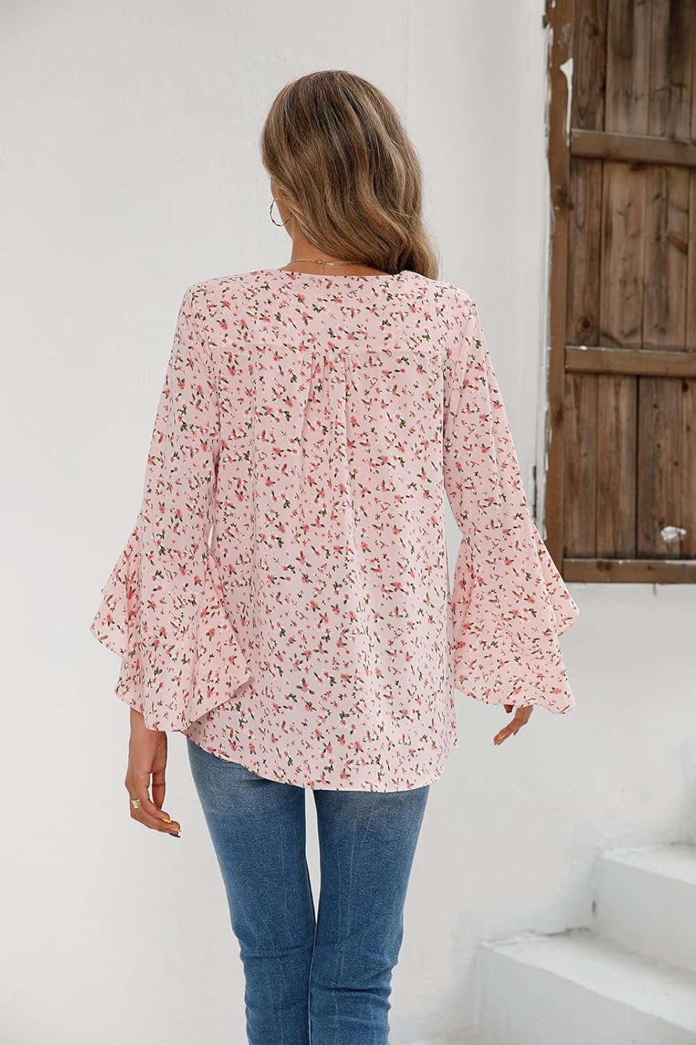 Womens Summer Chiffon Blouses Floral Print V-Neck Bell Sleeve Tops Dressy Casual T-Shirts Fashion - Image 2