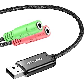 DuKabel Externe USB Soundkarte Adapter für Computer, Laptop und PS4, USB auf 2 x 3.5mm Buchse Aux Audio Konverter Kabel für Kopfhörer, Lautsprecher und 3 Pole TRS Mikrofon - Schwarz