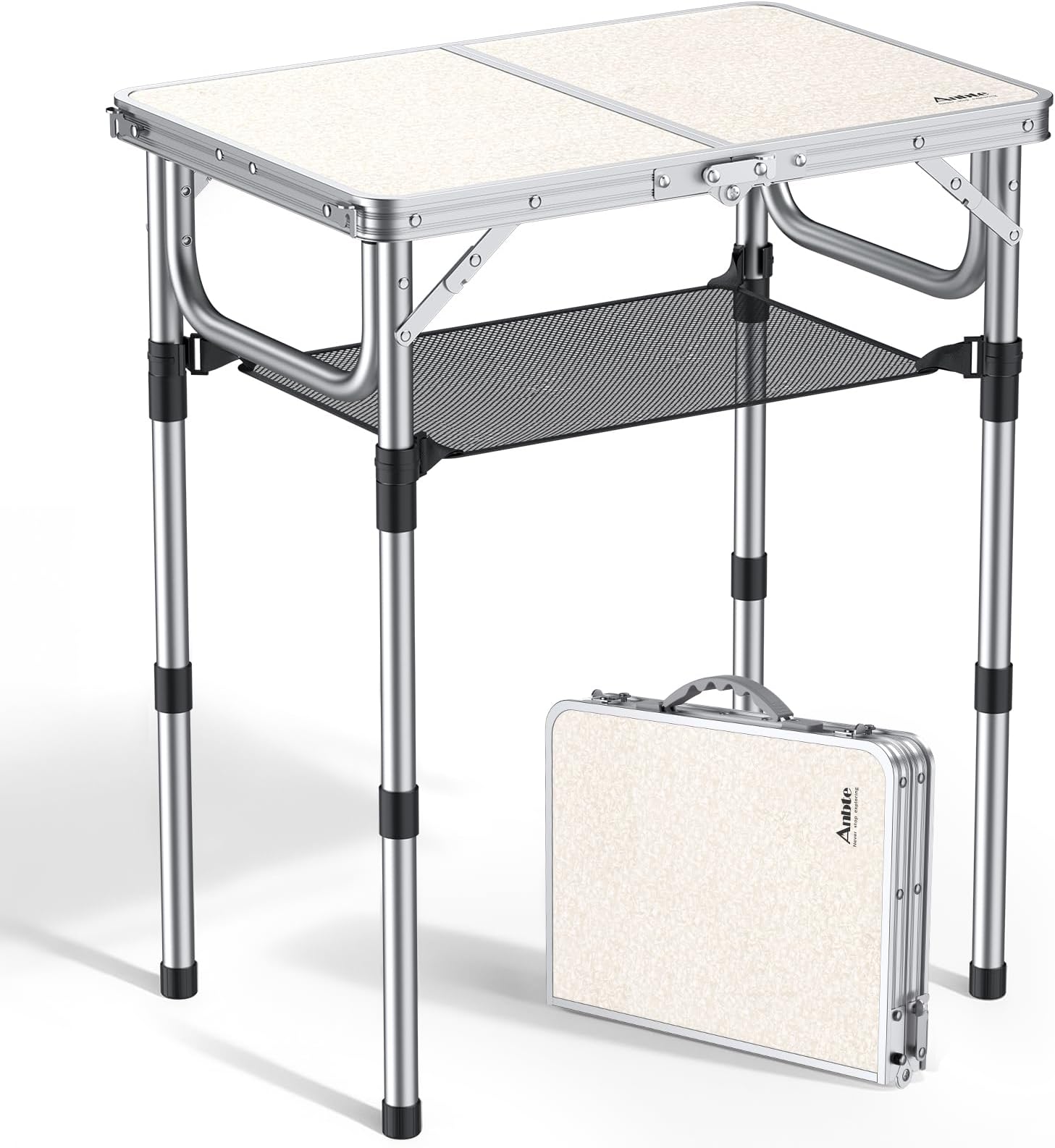 Folding Camping Table with Storage Net, 3 Adjustable Heights Aluminum Small Folding Table, Waterproof Lightweight Foldable Stored for Outdoor Indoor Picnic Beach Backyard, 60cm x 40cm, Silver