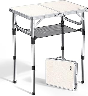 Anbte Mesa Plegable Camping, 59x40x26-48-70cm Mesa Playa Tres Alturas Ajustables Mesa Exterior Portátil Aluminio Reforzado Impermeable para Barbacoa/Playa/Camping/Picnic-Color Plata