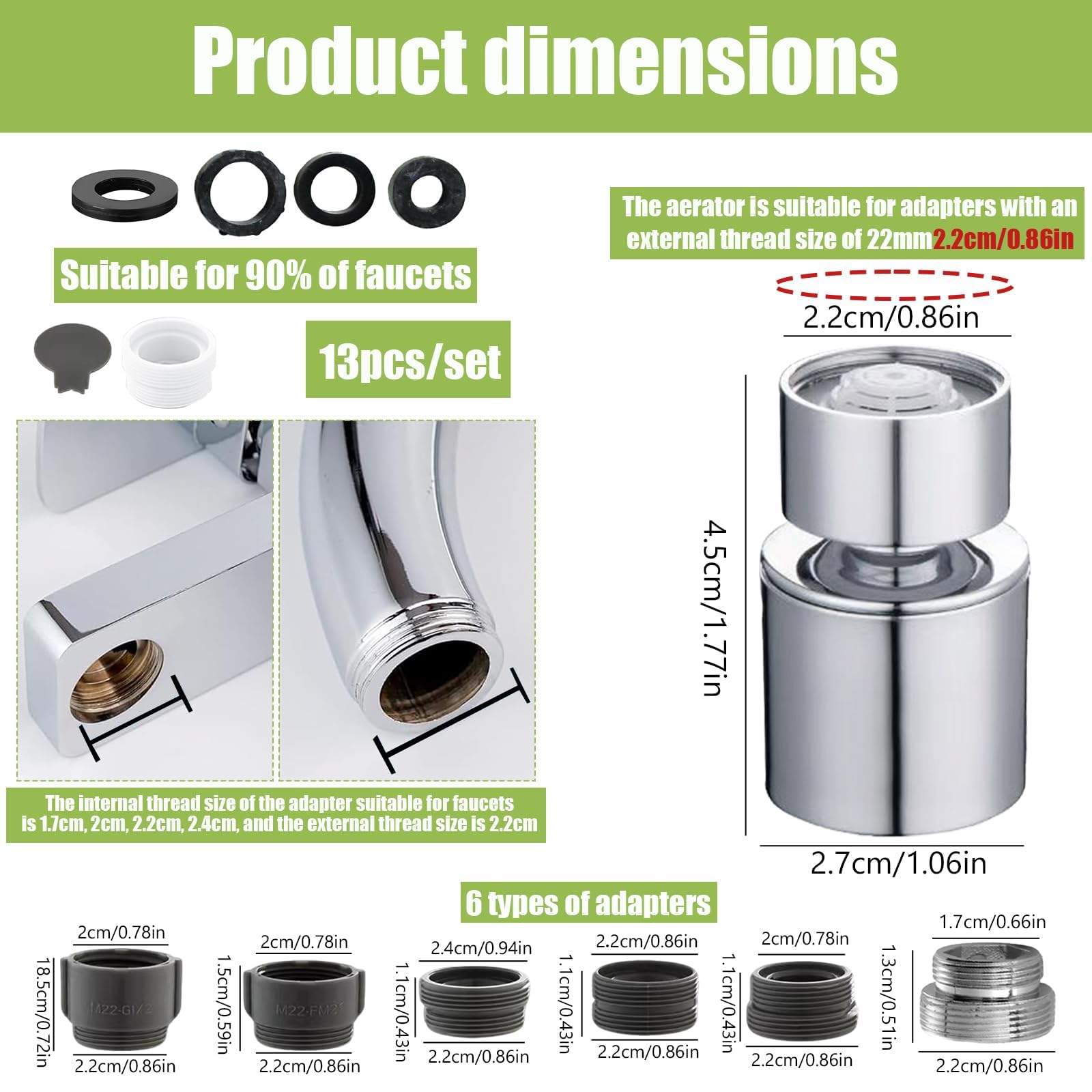 Aireador incluye 6 Aireador Grifo Cocina, Proceso de Electrodeposición Fabricado en Cobre Adaptador Grifo Cocina, Estructura Giratoria Universal, Aireador para Baño (Adaptador 18mm a 22mm)