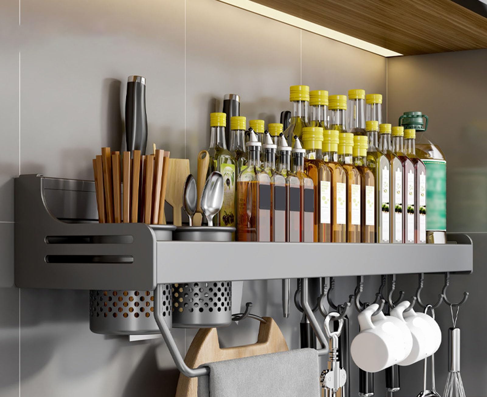 GLJTUO Wall-Mounted Spice Rack - Metal Hanging for Kitchen Spices, Seasoning Holder with Towel Holder, Knife Storage, Hooks & Utensil (Grigio 70Cm),Grigio-70Cm