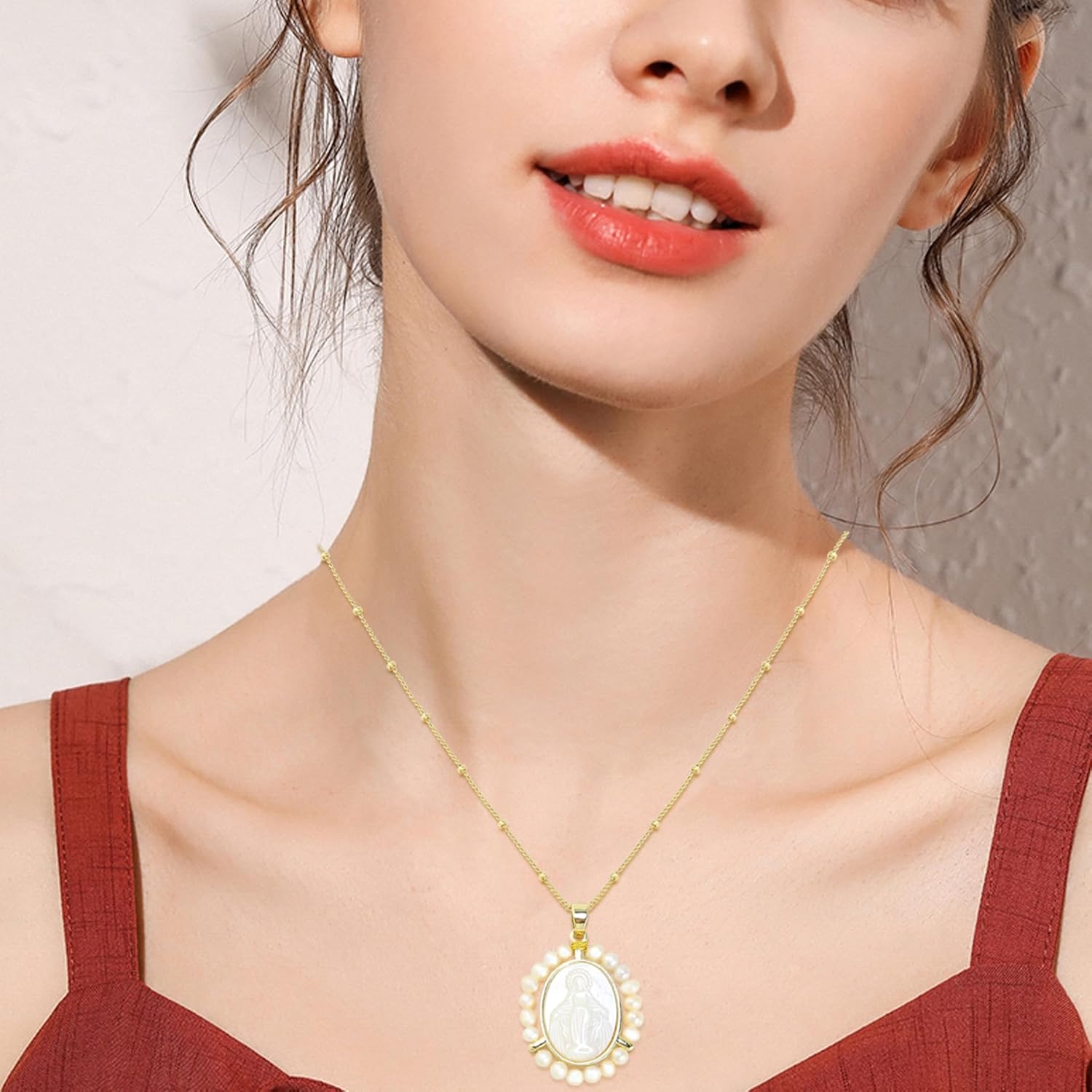 Virgin Mary Necklace, Mother of Pearl Charm Pendant Gold Necklace Mother Mary for Women Mother's Day Our Lady Blessed Christian Catholic Gifts - Image 7