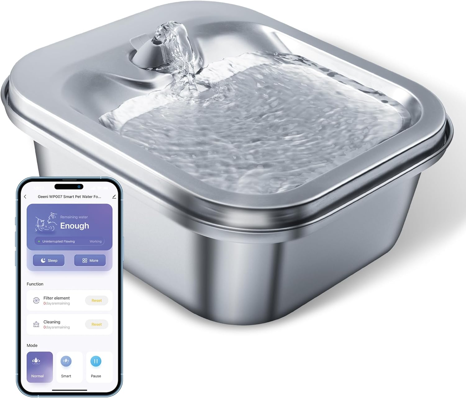 Geeni PetConnect Smart Pet Water Fountain: 4L Stainless Steel Bowl for Cats & Dogs, Wi-Fi Controlled, Alexa & Google Compatible