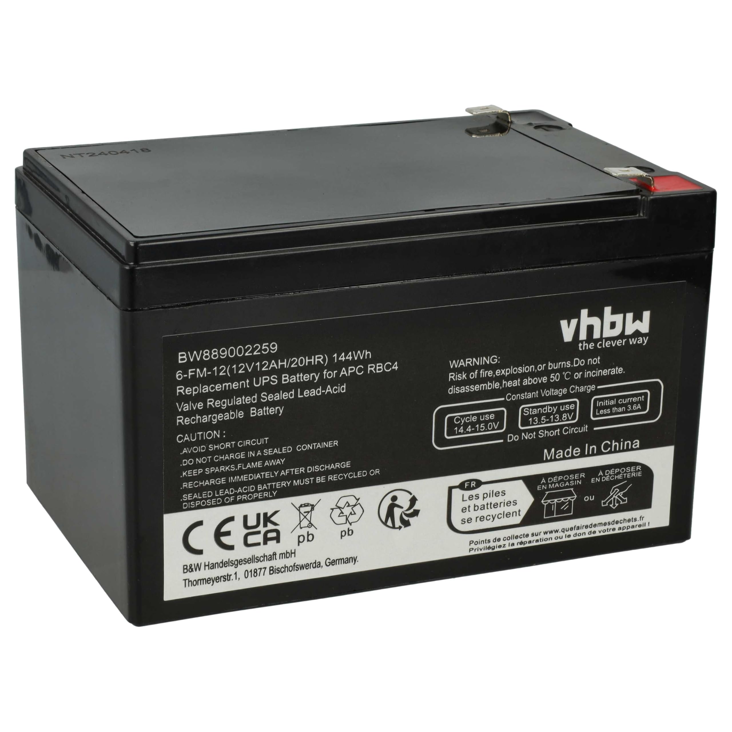 vhbw 1x batteria sostituisce APC RBC4, VISRBC4 per UPS (12Ah, 12V, AGM)