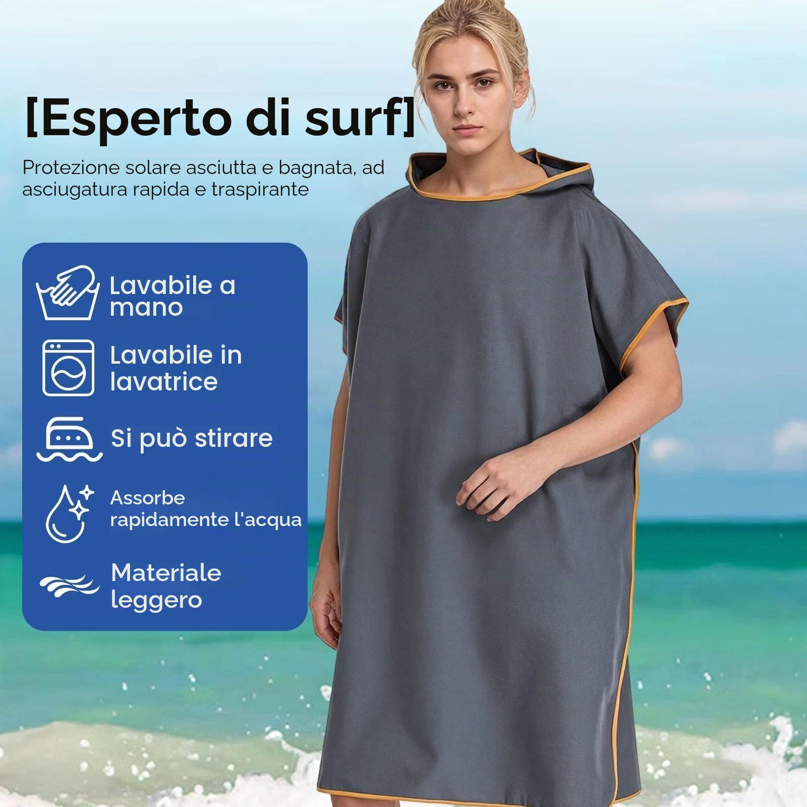 Poncho Da Bagno In Microfibra Con Cappuccio – Asciugatura Rapida, Unisex Blu Scuro 110x90 Cm - 6