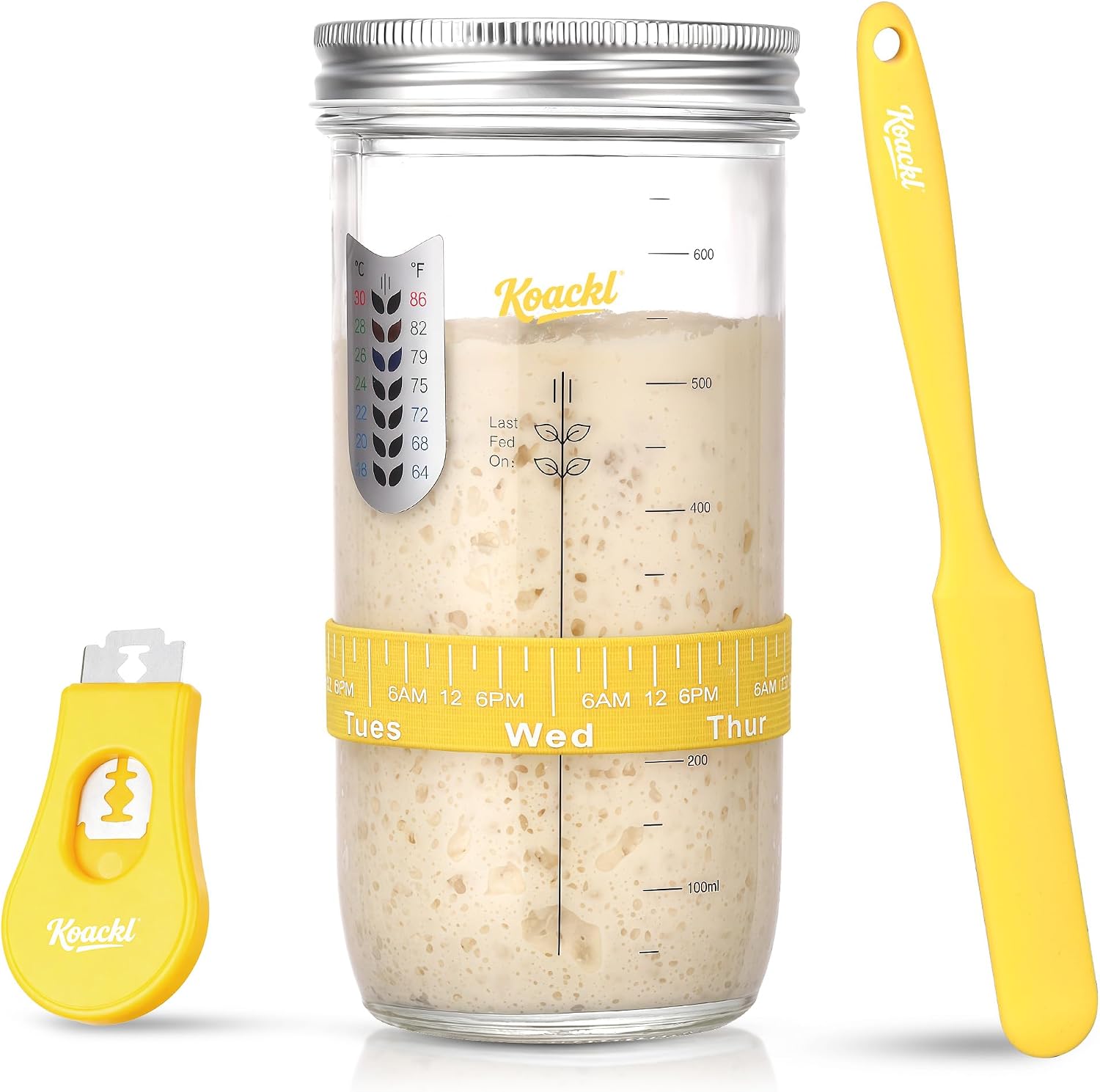 Koackl Sourdough Starter Jar, 40oz Sourdough Starter Kit with Magnetic Bread Lame, Thermometer, Long Scraper, Cloth Cover & Lid for Sourdough Bread Baking Supplies, Yellow