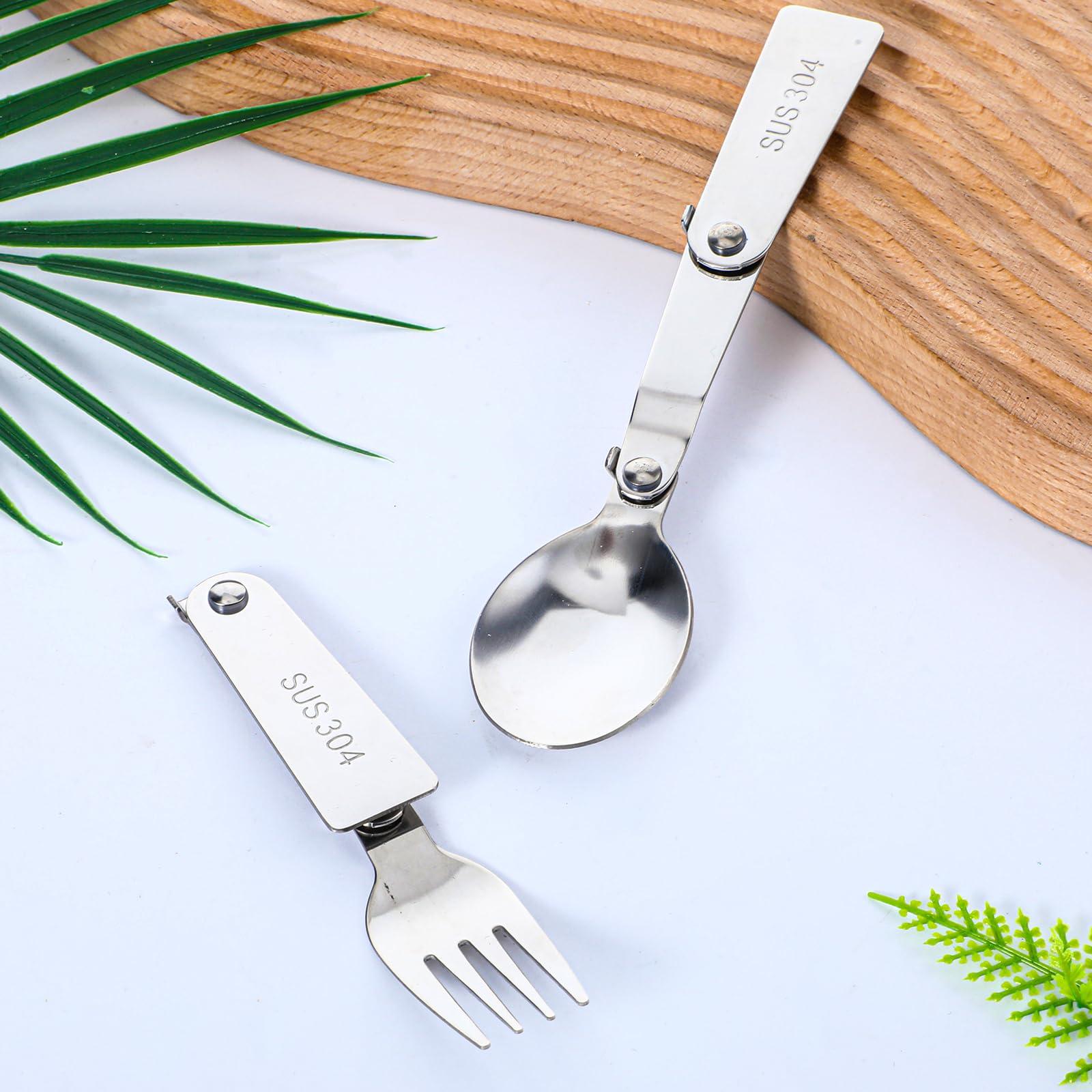 Lot De 2 Cuillères Et Fourchettes Pliables En Inox – Pour Pique-nique, Voyage, Camping, 15.9 Cm Déplié