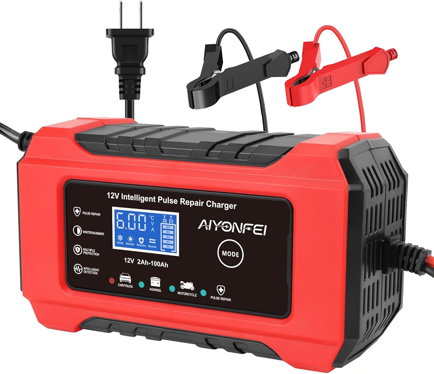 6A Car Battery Charger 12V Smart Battery Maintainer Trickle Charger and Battery Desulfator with Temperature Compensation for Car Truck Motorcycle Lawn Mower Marine (Red)
