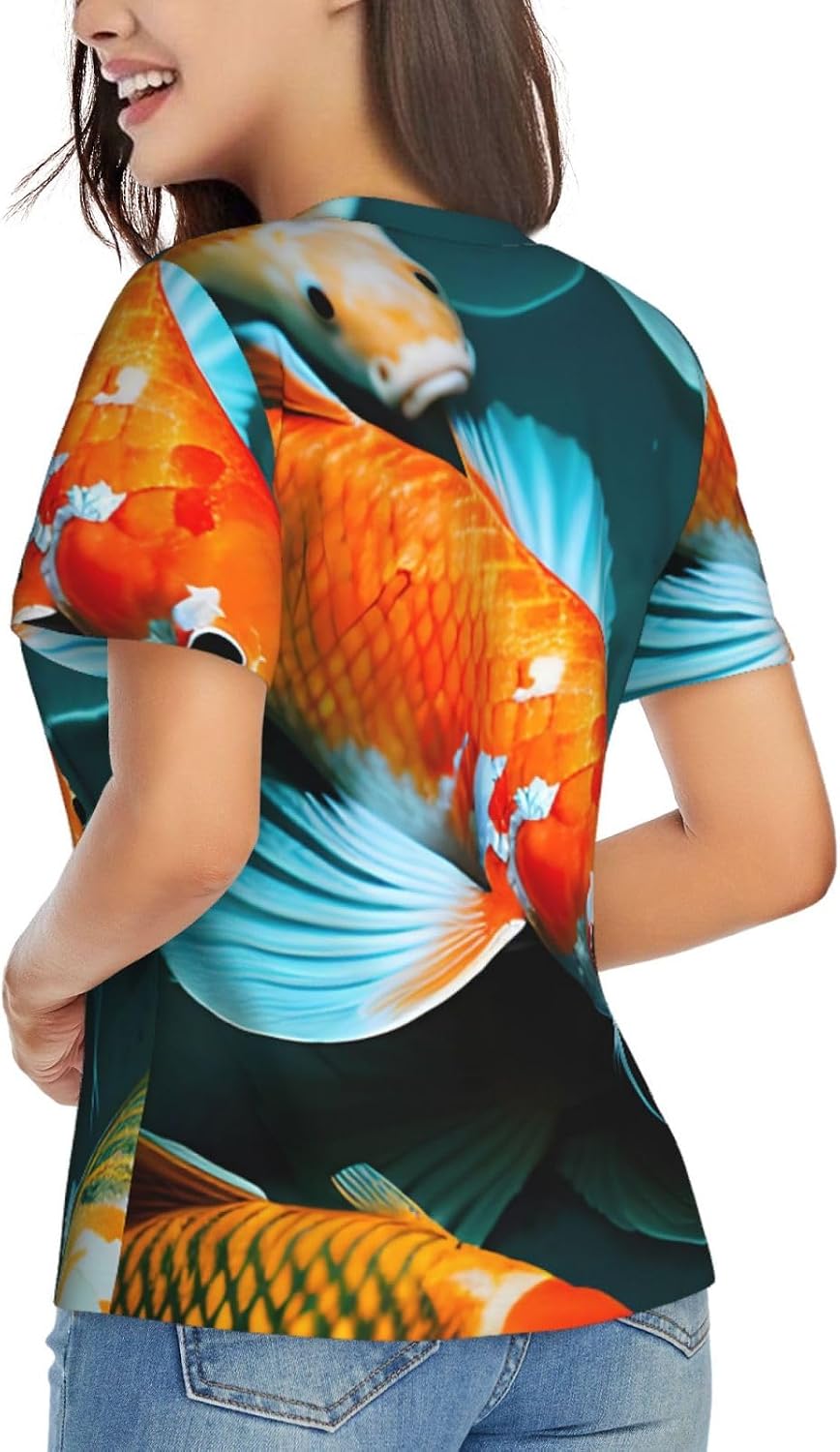 Women Casual HD Koi Fish Print V-Neck T-Shirt Short Sleeve Summer Trendy Tops.