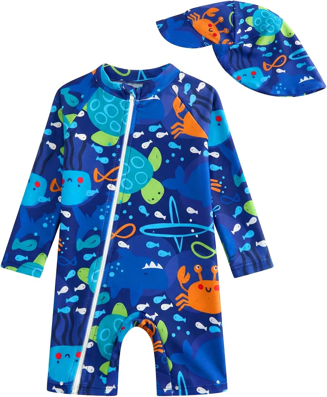 DivingBirds Baby Boy Rash Guard Swimsuit Set with Sun Hat - Long Sleeve Zip One Piece Toddler Bathing Suit for Beach & Pool