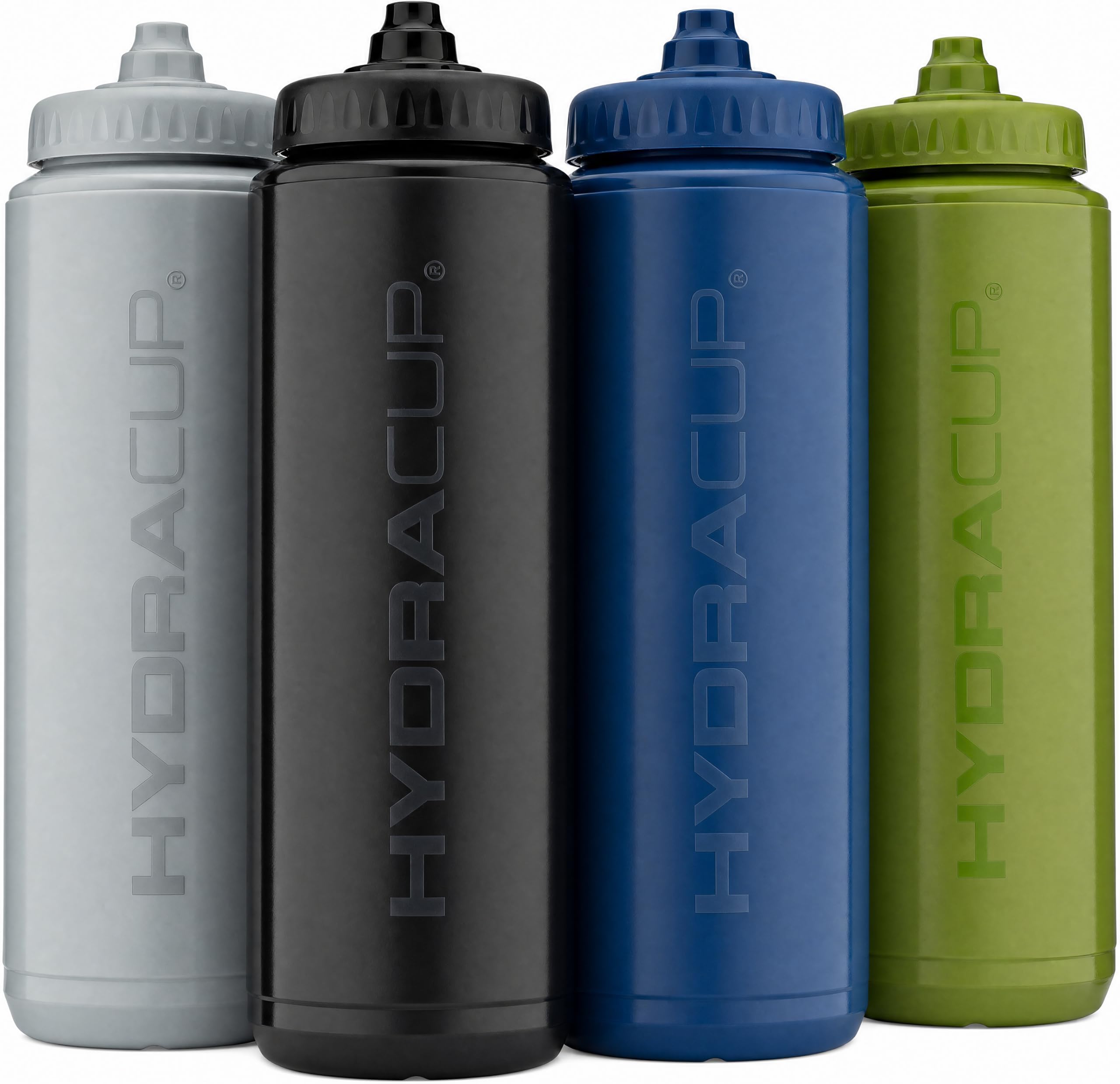 Hydra Cup - 4 Pack - 32 oz Squeeze Water Bottles, Sports Squirt Bottle | Fast flow valve for gym, team and sideline hydration. Fits most standard bike cages. Firm squeeze, no dribble.