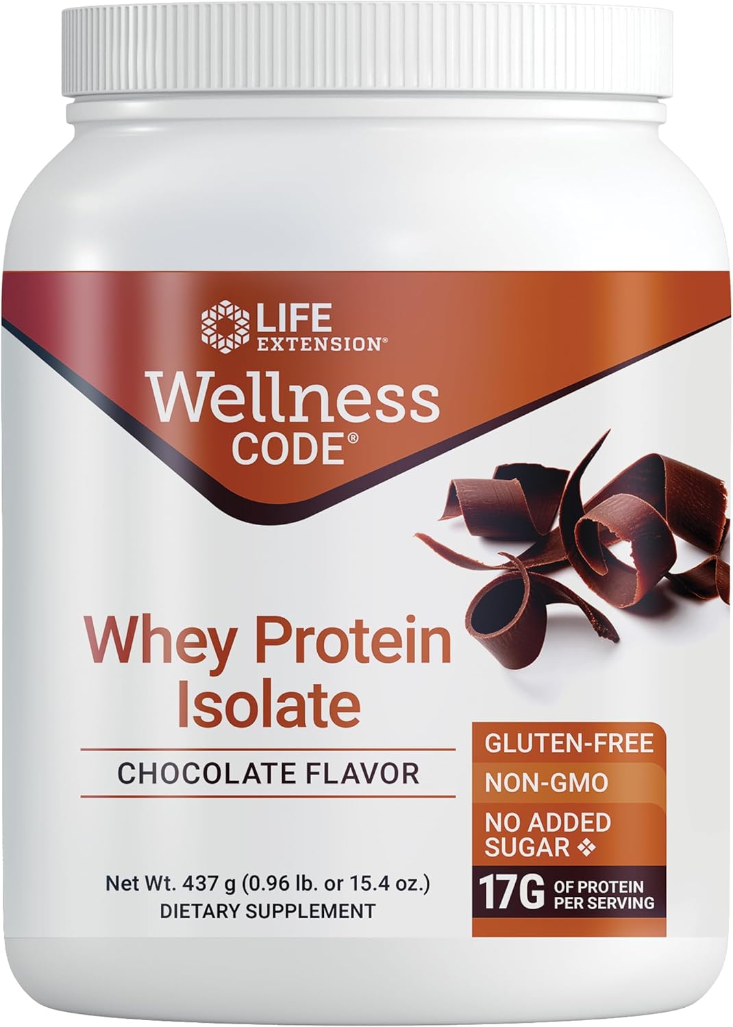 Life Extension Wellness Code® Whey Protein Isolate (Chocolate), Protein and branched-Chain Amino acids for Muscle Growth & Immune Health, no Sugar Added, Gluten Free, Non-GMO, 437 Grams, 20 Servings