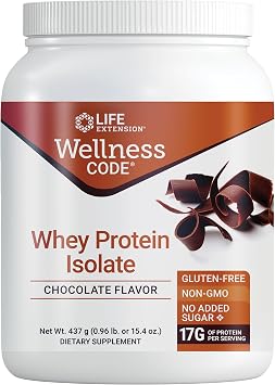 Life Extension Wellness Code Whey Protein Isolate Chocolate, Protein and branched-Chain Amino acids for Muscle Growth & Immune Health, no Sugar Added, Gluten Free, Non-GMO, 437 Grams, 20 Servings