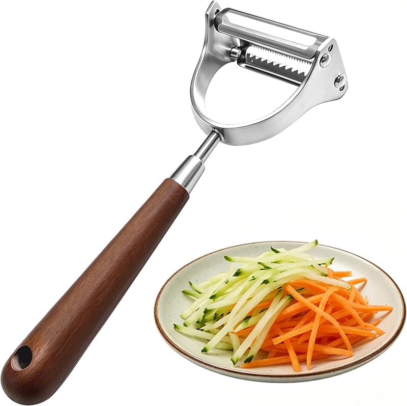 Pelador de verduras y juliana de acero inoxidable 2 en 1 | Cortador con mango ergonómico de madera antideslizante para patatas, manzanas, zanahorias, verduras, herramienta esencial de cocina