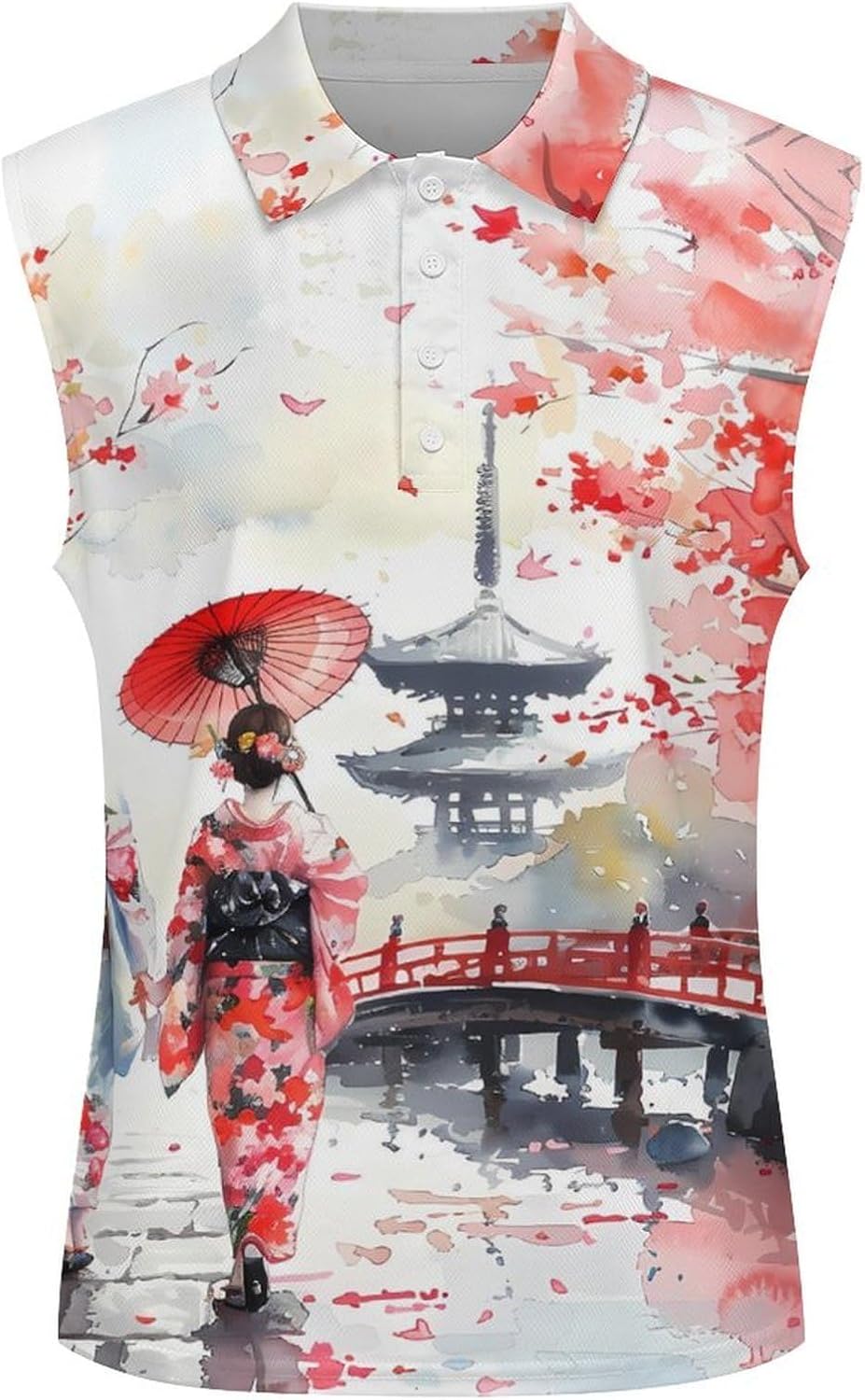 Japanese Geisha's Stroll Women Sleeveless Collared Golf Polo Shirt | V Neck Tank Top,Breathable Tennis Shirts