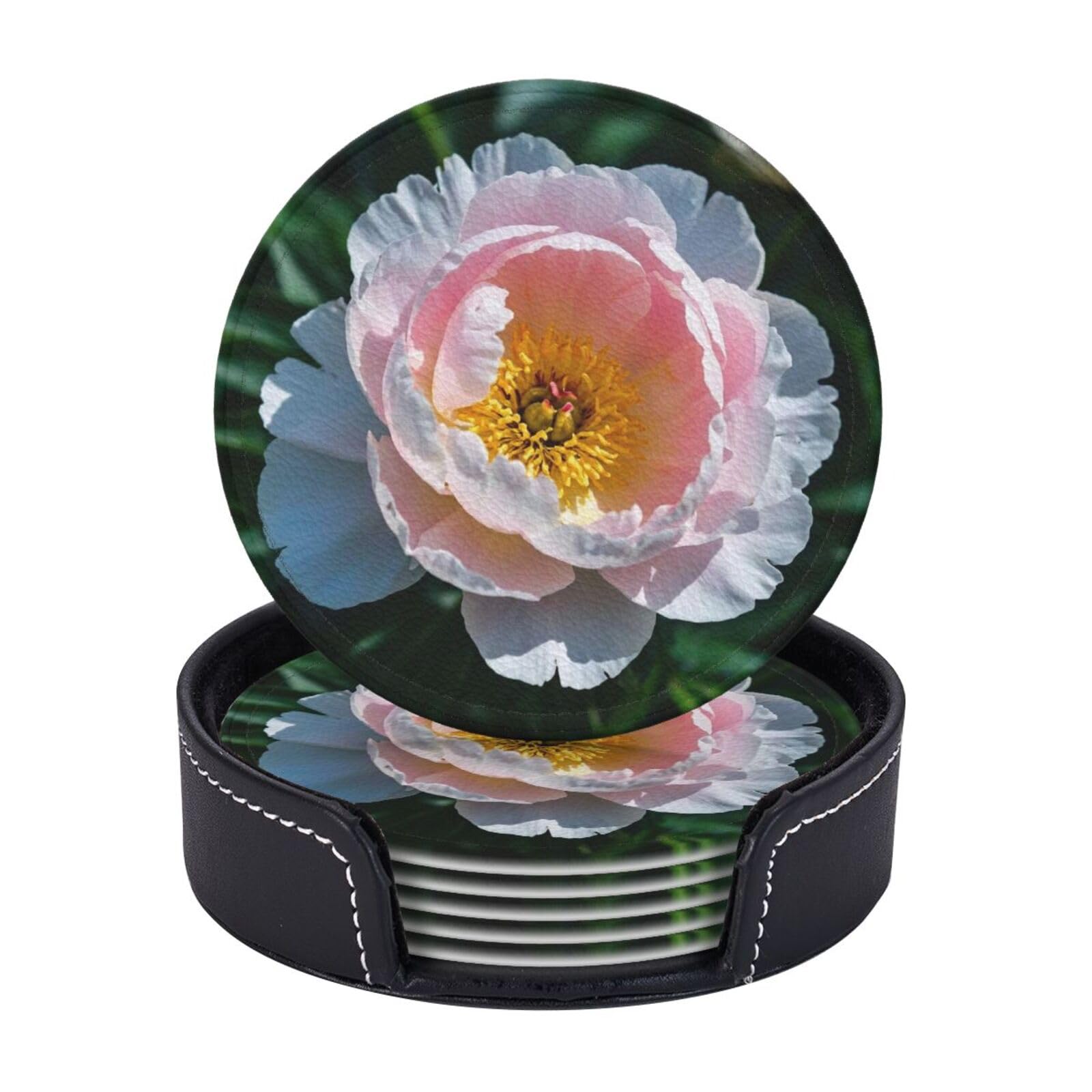 Coasters Set of 6 Leather Drink Coasters with Holder peony flowers blossom Coasters for Drinks Heat Resistant Coaster Round Coffee Cup Mat Pad for Kitchen Office Home Decor