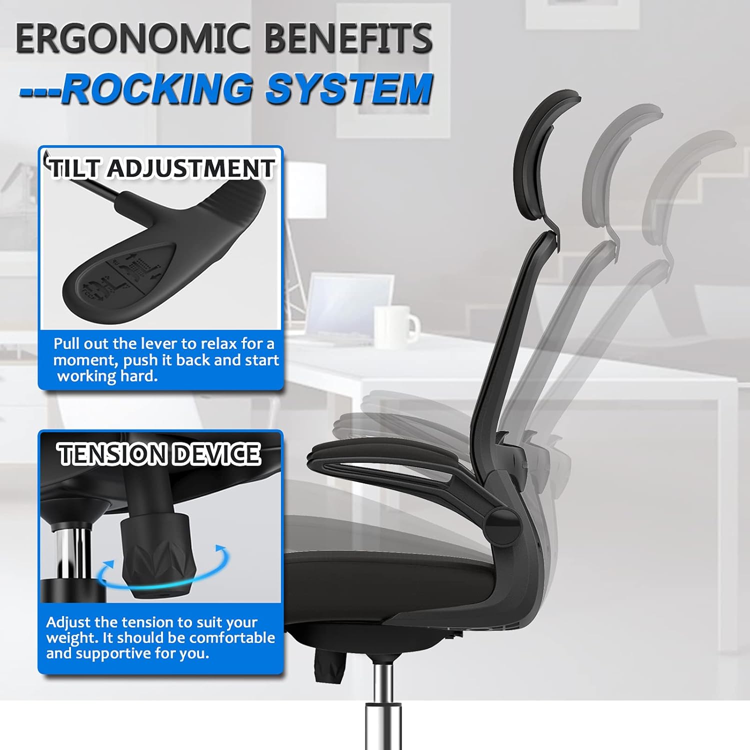 Ergonomic Office Chair, Home Office Desk Chair with Adjustable Headrest & Lumbar Support. High Back Mesh Computer Chair with Thickened Cushion &Flip-up Armrests, Task Executive Chair for Home Office : Home & Kitchen