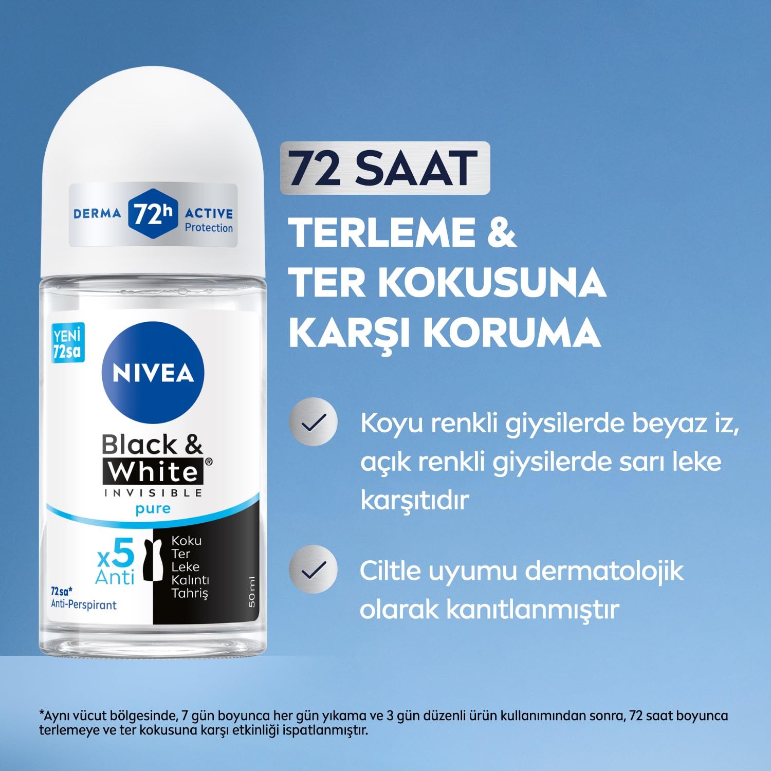 NIVEA Kadın Roll On Deodorant Black & White Invisible Pure 48 Saat (50 ml) + NIVEA Kadın Roll On Deodorant Black&White Invisible İpeksi Pürüzsüzlük 48 Saat Anti-perspirant Koruma 50ml X2