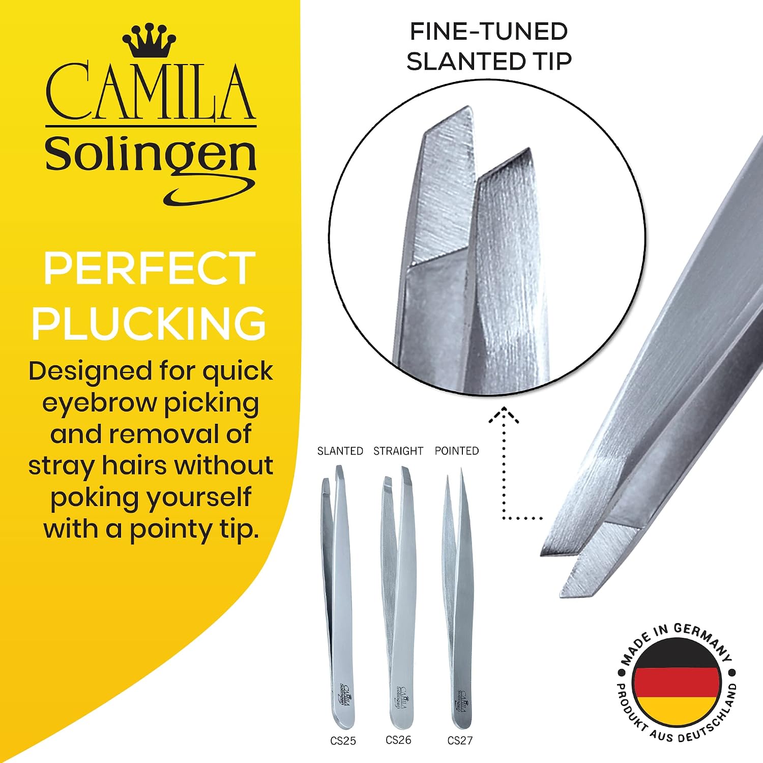 CS25 4" Professional Surgical Grade Stainless Steel Precision Tip Eyebrow Tweezers for Facial Hair Shaping & Removal. Beauty Tool for Men/Women. Made in Solingen Germany (Slanted)
