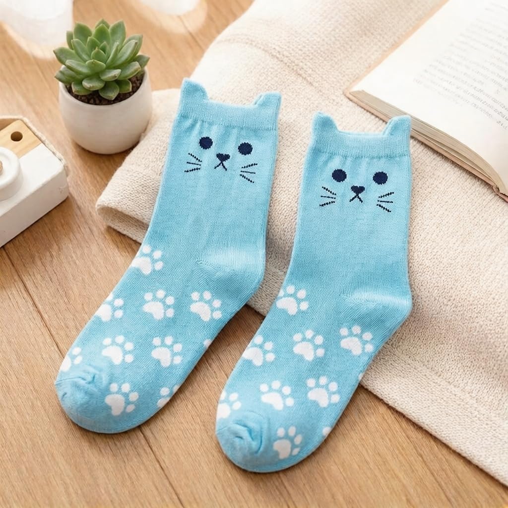 5 Pairs Cute Cat Face Socks for Women, Novel Stretchy Mid-Calf Socks with Paw Print Pattern, Women's Birthday Cat Gifts