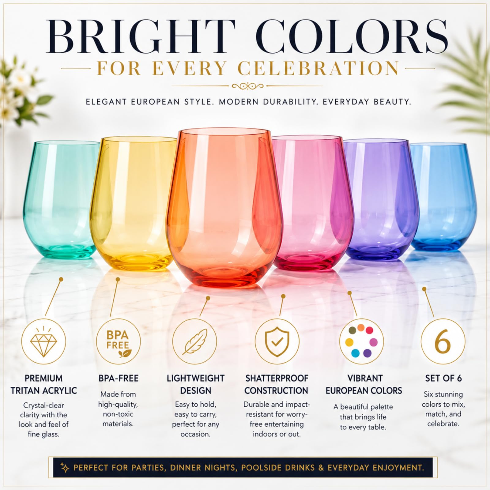 Lot de 6 verres à vin sans pied en plastique de style européen incassables et sans BPA, réutilisables, pour extérieur, piscine, intérieur, lavage à la main, 425 g