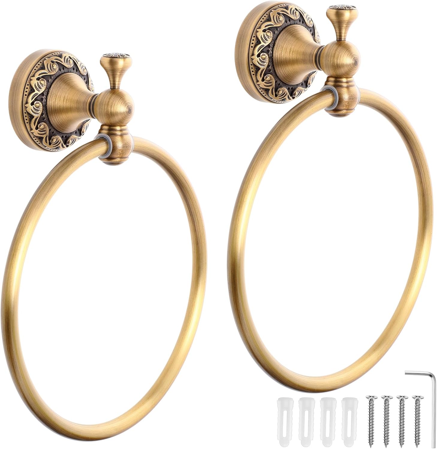 Hicarer 2 Pcs Brass Towel Ring Retro Gold Round Hand Towel Holder Wall Mounted Vintage Decorative Bathroom Accessories Brass Embossed Petal Series for Bathroom Kitchen Accessories Handmade