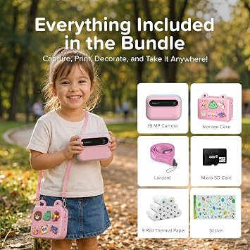 myFirst Kids Instant Print Camera, 16MP Camera, 9 Rolls Paper, Travel Case